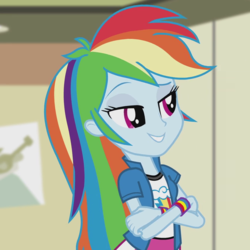 Size: 670x670 | Tagged: safe, screencap, rainbow dash, equestria girls, g4, my little pony equestria girls: rainbow rocks, pinkie on the one, blue skin, clothes, cropped, crossed arms, cutie mark on clothes, eyebrows, female, lidded eyes, multicolored hair, pink eyes, rainbow hair, raised eyebrow, shirt, short-sleeved jacket, skirt, solo, wristband