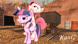 Size: 1920x1080 | Tagged: safe, artist:kmg0047, pinkie pie, twilight sparkle, alicorn, pony, g4, 3d, barrel, minecart, pinkamena diane pie, pinkie pie riding twilight, ponies riding ponies, riding, twilight sparkle (alicorn), unamused