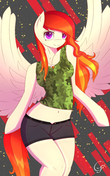 Size: 1200x1920 | Tagged: safe, artist:laptop-pone, oc, oc only, oc:firestorm, pegasus, anthro, unguligrade anthro, anthro oc, arm hooves, belly button, breasts, clothes, colored pupils, female, looking at you, mare, requested art, shorts, smiling, solo, tank top
