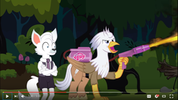 Size: 934x522 | Tagged: safe, artist:drwolf001, oc, oc only, oc:dr. wolf, oc:silver quill, classical hippogriff, hippogriff, pony, everfree forest, flamethrower, weapon, youtube