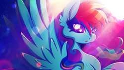 Size: 1920x1080 | Tagged: safe, artist:rariedash, edit, rainbow dash, pegasus, pony, g4, colored pupils, female, looking at you, mare, solo, wallpaper, wallpaper edit