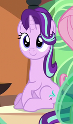 Size: 388x654 | Tagged: safe, screencap, fluttershy, starlight glimmer, pony, unicorn, g4, the crystalling, c:, cropped, cute, female, glimmerbetes, mare, raised hoof, sitting, smiling, solo focus, train