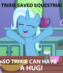 Size: 700x804 | Tagged: safe, edit, screencap, trixie, pony, unicorn, all bottled up, g4, bronybait, cup, cute, diatrixes, eyes closed, female, hooves up, mare, smiling, solo, teacup, text, text edit, third person