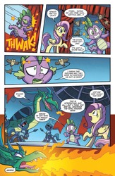 Size: 900x1384 | Tagged: safe, artist:tony fleecs, idw, official comic, fluttershy, spike, dragon, pegasus, pony, unicorn, from the shadows, g4, spoiler:comic, spoiler:comic53, armor, circling stars, comic, dizzy, dragonfire, female, fire, fire breath, knight, male, mare, plate armor, preview, spear, speech bubble, unnamed character, unnamed dragon, weapon