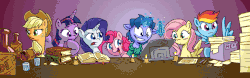 Size: 1600x500 | Tagged: safe, artist:whateverbender, applejack, fluttershy, pinkie pie, rainbow dash, rarity, twilight sparkle, oc, oc:bender watt, alicorn, earth pony, pegasus, pony, unicorn, g4, animated, blushing, book, candle, cider, computer, cowboy hat, disgusted, drawing tablet, female, frame by frame, gif, glass, glowing horn, hat, horn, magic, mane six, mare, open mouth, paper, shot glass, smiling, spread wings, squigglevision, stetson, stylus, telekinesis, twilight sparkle (alicorn), varying degrees of want, wings