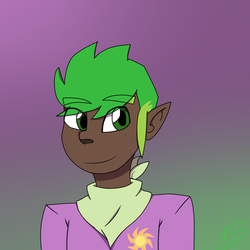 Size: 844x844 | Tagged: safe, artist:moonakart13, artist:moonaknight13, spike, human, g4, badge, clothes, cutie mark, dark skin, elf ears, gradient background, human spike, humanized, male, shading, smiling, solo