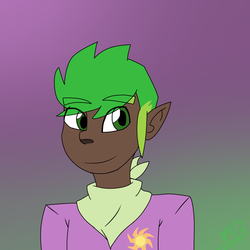Size: 844x844 | Tagged: safe, artist:moonakart13, artist:moonaknight13, spike, human, g4, badge, clothes, cutie mark, dark skin, elf ears, gradient background, human spike, humanized, male, smiling, solo