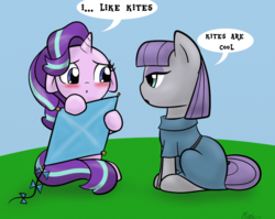 Size: 894x712 | Tagged: safe, artist:mimicproductions, maud pie, starlight glimmer, earth pony, pony, unicorn, g4, rock solid friendship, blushing, cute, duo, female, floppy ears, glimmerbetes, hoof hold, kite, mare, nervous, scene interpretation, that pony sure does love kites