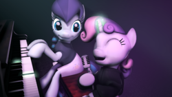 Size: 3840x2160 | Tagged: safe, artist:seriff-pilcrow, coloratura, sweetie belle, pony, g4, 3d, clothes, high res, hoodie, magic, microphone, musical instrument, piano, rara, singing