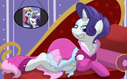 Size: 1600x1000 | Tagged: safe, artist:theroyalprincesses, rarity, pony, unicorn, g4, alternate hairstyle, clothes, couch, dress, evening gloves, female, gloves, grin, happy, long gloves, looking at you, mare, photo, smiling, smirk, solo