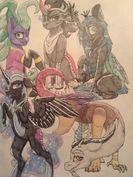 Size: 2592x1936 | Tagged: safe, artist:mlplover1987, discord, king sombra, mane-iac, nightmare moon, queen chrysalis, alicorn, changeling, draconequus, earth pony, pony, unicorn, g4, armor, clothes, eye glow, misty mane, traditional art