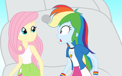 Size: 3222x2023 | Tagged: safe, artist:pyrus-leonidas, fluttershy, rainbow dash, kaiju, equestria girls, g4, clothes, eleking, high res, open mouth, skirt, surprised, tank top, wristband