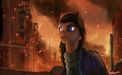 Size: 1920x1173 | Tagged: safe, artist:rublegun, oc, oc only, oc:red eye, cyborg, earth pony, pony, fallout equestria, clothes, cyber eye, destruction, fillydelphia, fire, male, ruins, scenery, signature, smoke, solo, stallion