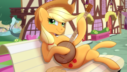 Size: 8000x4500 | Tagged: safe, artist:nivimonster, applejack, earth pony, pony, g4, absurd resolution, art trade, banjo, bench, building, cowboy hat, crossed hooves, female, hat, mare, musical instrument, playing, ponyville, sitting, solo, stetson
