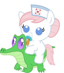 Size: 886x1017 | Tagged: safe, artist:red4567, gummy, nurse redheart, pony, g4, baby, baby pony, cute, pacifier, ponies riding gators, riding, simple background, white background