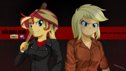 Size: 2560x1440 | Tagged: safe, artist:ngrycritic, applejack, sunset shimmer, bat, equestria girls, g4, amc, barbed wire, clothes, cosplay, costume, crossover, evil grin, grin, hatless, looking at you, lucille, missing accessory, negan, negan shimmer, rick grimes, smiling, the walking dead, uotapo-ish