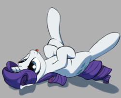 Size: 1600x1295 | Tagged: safe, artist:graboiidz, rarity, pony, unicorn, g4, cute, female, legs in air, mare, mlem, on back, rarara, raribetes, silly, silly pony, simple background, solo, tongue out