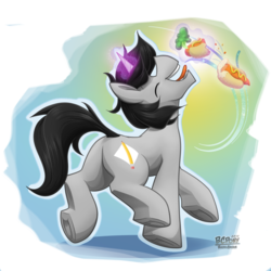 Size: 851x851 | Tagged: safe, artist:bcpony, oc, oc only, oc:greyline, pony, unicorn, carrot, food, hot dog, male, solo, stallion