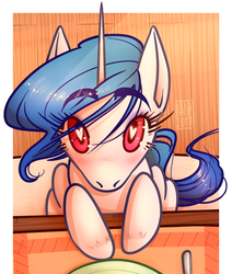 Size: 682x804 | Tagged: safe, artist:alvrexadpot, derpibooru exclusive, oc, oc only, oc:blacc crop, pony, unicorn, blue mane, blushing, eyelashes, heart eyes, looking at you, looking up, looking up at you, pink eyes, placemat, plate, sitting, solo, wingding eyes