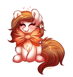 Size: 770x816 | Tagged: safe, artist:confetticakez, oc, oc only, oc:raven sun, earth pony, pony, blushing, bow, bowtie, cheek fluff, chest fluff, cute, eyes closed, feather in hair, female, fluffy, happy, heart, hoof fluff, leg fluff, mare, neck bow, ocbetes, open mouth, simple background, sitting, smiling, solo, sparkles, white background
