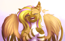 Size: 1024x647 | Tagged: safe, artist:peachmayflower, oc, oc only, pegasus, pony, eyes closed, female, happy, mare, open mouth, smiling, solo
