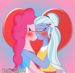 Size: 2512x2448 | Tagged: safe, artist:cyber-murph, pinkie pie, sugarcoat, equestria girls, g4, blushing, clothes, commission, female, glasses, high res, kissing, lesbian, pigtails, shipping, sugarpink