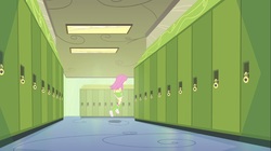 Size: 1100x618 | Tagged: safe, screencap, fluttershy, equestria girls, g4, my little pony equestria girls, backpack, boots, clothes, cutie mark, female, hallway, high heel boots, lockers, rear view, skipping, skirt, socks, solo