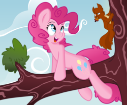 Size: 10000x8326 | Tagged: safe, artist:dfectivedvice, artist:kamyk962, color edit, edit, pinkie pie, pony, squirrel, g4, absurd resolution, cloud, colored, happy, open mouth, shading, sky, tree, tree branch, vector