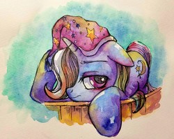 Size: 3597x2862 | Tagged: safe, artist:awk44, trixie, pony, unicorn, g4, abstract background, female, floppy ears, high res, mare, nightcap, prone, sleepy, solo, traditional art, trixie's nightcap, watercolor painting