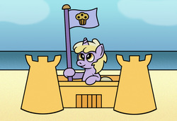 Size: 1202x821 | Tagged: safe, artist:gogglesparks, dinky hooves, pony, unicorn, g4, beach, female, muffin kingdom, sandcastle, smiling, solo