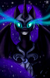 Size: 1024x1588 | Tagged: safe, artist:ebonyinkstone, nightmare moon, alicorn, pony, g4, armor, female, glowing eyes, looking at you, mare, solo, sparkling