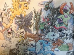 Size: 2580x1913 | Tagged: safe, artist:mlplover1987, discord, dj pon-3, gilda, king sombra, neon lights, nightmare moon, princess luna, queen chrysalis, quibble pants, rainbow dash, rising star, soarin', spitfire, thorax, vinyl scratch, zecora, alicorn, changedling, changeling, classical unicorn, draconequus, earth pony, griffon, pegasus, pony, unicorn, zebra, g4, armor, clothes, cloven hooves, cosplay, costume, curved horn, ear piercing, earring, every villain, eye glow, female, gay, glasses, horn, implied bisexual, implied threesome, jewelry, king thorax, leonine tail, male, piercing, quibbrin, ship:quibbledash, ship:soarindash, shipping, stallion, straight, tail feathers, traditional art, unshorn fetlocks