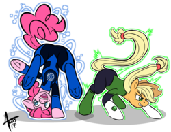 Size: 781x605 | Tagged: safe, artist:cynos-zilla, applejack, pinkie pie, earth pony, pony, g4, blue lantern corps, crossover, duo, female, green lantern (comic), green lantern corps, mare, simple background, transparent background