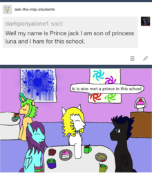 Size: 1130x1286 | Tagged: safe, artist:ask-luciavampire, oc, oc only, oc:dahlia, oc:prince jack, alicorn, pegasus, pony, unicorn, tumblr:ask-the-mlp-students, ask, food, parent:princess luna, prince, tumblr