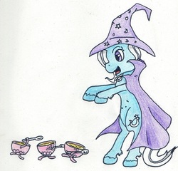 Size: 612x587 | Tagged: safe, artist:kuroneko, derpibooru exclusive, trixie, pony, g4, bipedal, cup, teacup, that pony sure does love teacups, the sorcerer's apprentice, traditional art