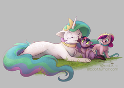 Size: 3508x2480 | Tagged: safe, artist:elbdot, princess cadance, princess celestia, twilight sparkle, cat, g4, :<, bow, catdance, catified, catlestia, chest fluff, collar, crown, cute, cutedance, cutelestia, dirty, ear fluff, elbdot is trying to murder us, eyes closed, fanfic art, female, floppy ears, fluffy, frown, gray background, grooming, high res, jewelry, kitten, licking, looking at each other, looking back, looking up, momlestia, regalia, simple background, sitting, smiling, species swap, tiara, tongue out, trio, twiabetes, twilight cat