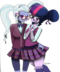 Size: 1024x1229 | Tagged: safe, artist:missmayaleanne, sci-twi, sugarcoat, twilight sparkle, equestria girls, g4, my little pony equestria girls: friendship games, breasts, clothes, crystal prep academy uniform, duo, female, glasses, hand on butt, lesbian, looking at you, looking away, school uniform, shipping, simple background, sugartwi, transparent background