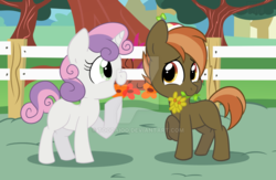 Size: 1024x669 | Tagged: safe, artist:toodaioo, artist:toods, button mash, sweetie belle, earth pony, pony, unicorn, g4, colt, couple, duo, duo male and female, female, fence, filly, flower, foal, hat, horn, male, propeller hat, ship:sweetiemash, shipping, straight, tree, watermark