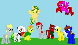 Size: 1078x628 | Tagged: safe, artist:mlplover1987, oc, oc only, oc:after stone, oc:di red, oc:h8-seed, oc:kasuna insanity, oc:laika karma, oc:mystic moon, oc:solar spirit, oc:solus androit, oc:wooden toaster, alicorn, earth pony, hybrid, pegasus, pony, unicorn, base used, cape, clothes, ear piercing, earring, glasses, group, heterochromia, hoodie, jewelry, piercing, requested art, shoes, simple background