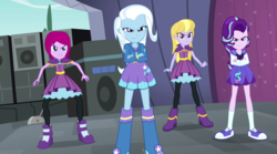 Size: 1280x714 | Tagged: safe, artist:3d4d, artist:xebck, edit, edited screencap, screencap, fuchsia blush, lavender lace, starlight glimmer, trixie, equestria girls, g4, my little pony equestria girls: rainbow rocks, band, boots, clothes, crossed arms, cutie mark, evil smile, female, grin, group, high heel boots, high heels, hoodie, jacket, new outfit, pantyhose, shoes, skirt, smiling, stage, trixie and the illusions