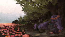 Size: 4200x2400 | Tagged: safe, artist:celestiawept, oc, oc only, oc:tender thought, pony, unicorn, alcohol, basket, book, bottle, clothes, cup, drinking, floral head wreath, flower, flower field, forest, high res, lidded eyes, looking at something, magic, picnic, picnic basket, prone, scenery, solo