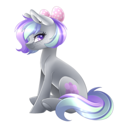 Size: 1888x1987 | Tagged: safe, artist:scarlet-spectrum, oc, oc only, pony, art trade, bow, colored pupils, ear piercing, female, freckles, hair bow, looking back, mare, piercing, simple background, sitting, smiling, solo, transparent background