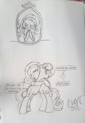 Size: 1803x2612 | Tagged: safe, artist:binkyt11, oc, oc only, oc:nurse bloodlust, oc:penelope, pegasus, pony, unicorn, crying, dialogue, mirror, monochrome, tears of joy, traditional art