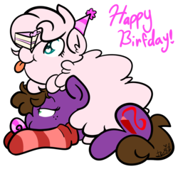 Size: 2917x2778 | Tagged: safe, artist:befishproductions, oc, oc only, oc:befish, oc:fluffle puff, pony, cake, clothes, female, food, happy birthday, hat, high res, mare, party hat, party horn, signature, simple background, socks, striped socks, tongue out, transparent background