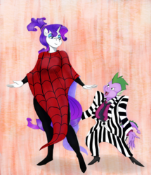 Size: 1100x1280 | Tagged: safe, artist:amaraburrger, artist:cabrony, color edit, edit, rarity, spike, dragon, anthro, g4, beetlejuice, breasts, clothes, colored, cosplay, costume, female, lydia, lydia deetz, male, ship:sparity, shipping, straight