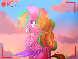 Size: 1024x768 | Tagged: safe, artist:twily-star, oc, oc only, oc:dolphin wave, pegasus, pony, donut, female, food, mare, mouth hold, obtrusive watermark, one eye closed, watermark, wink