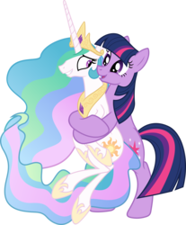 Size: 4972x6000 | Tagged: safe, artist:magister39, princess celestia, twilight sparkle, alicorn, earth pony, pony, g4, absurd resolution, alternate universe, duo, duo female, earth pony twilight, female, hug, mare, race swap, simple background, smiling, tall, teacher and student, transparent background