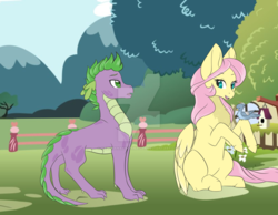 Size: 1024x794 | Tagged: safe, artist:uniquecolorchaos, fluttershy, spike, bird, dragon, pegasus, pony, g4, older, sitting, watermark