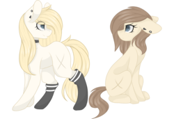 Size: 1024x699 | Tagged: safe, artist:cinnamontee, oc, oc only, oc:tegan, earth pony, pony, choker, clothes, duo, ear piercing, earring, female, floppy ears, jewelry, mare, piercing, simple background, sitting, socks, transparent background