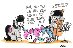 Size: 2243x1492 | Tagged: safe, artist:bobthedalek, dj pon-3, octavia melody, vinyl scratch, oc, oc:mixed melody, oc:octavia's mother, earth pony, pony, unicorn, g4, biting, bow, bow (instrument), cello, dialogue, female, funny, gritted teeth, mare, musical instrument, open mouth, shrunken pupils, simple background, tail bite, tail pull, traditional art, unamused, white background, wide eyes